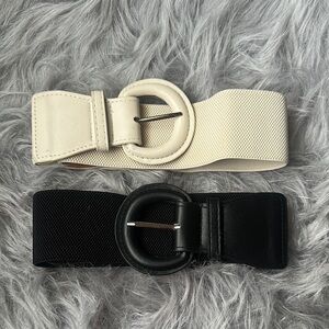 Black and Cream Elastic Belts with Circular Buckles